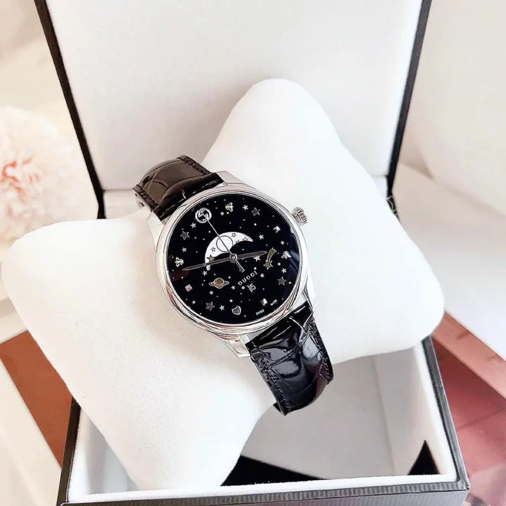 GUCCI G TIMELESS BLACK MOONPHASE WATCH.
