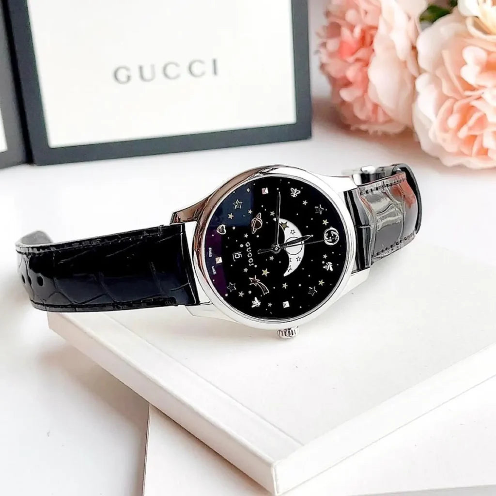 GUCCI G TIMELESS BLACK MOONPHASE WATCH.
