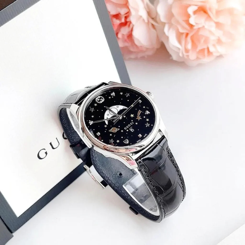 GUCCI G TIMELESS BLACK MOONPHASE WATCH.