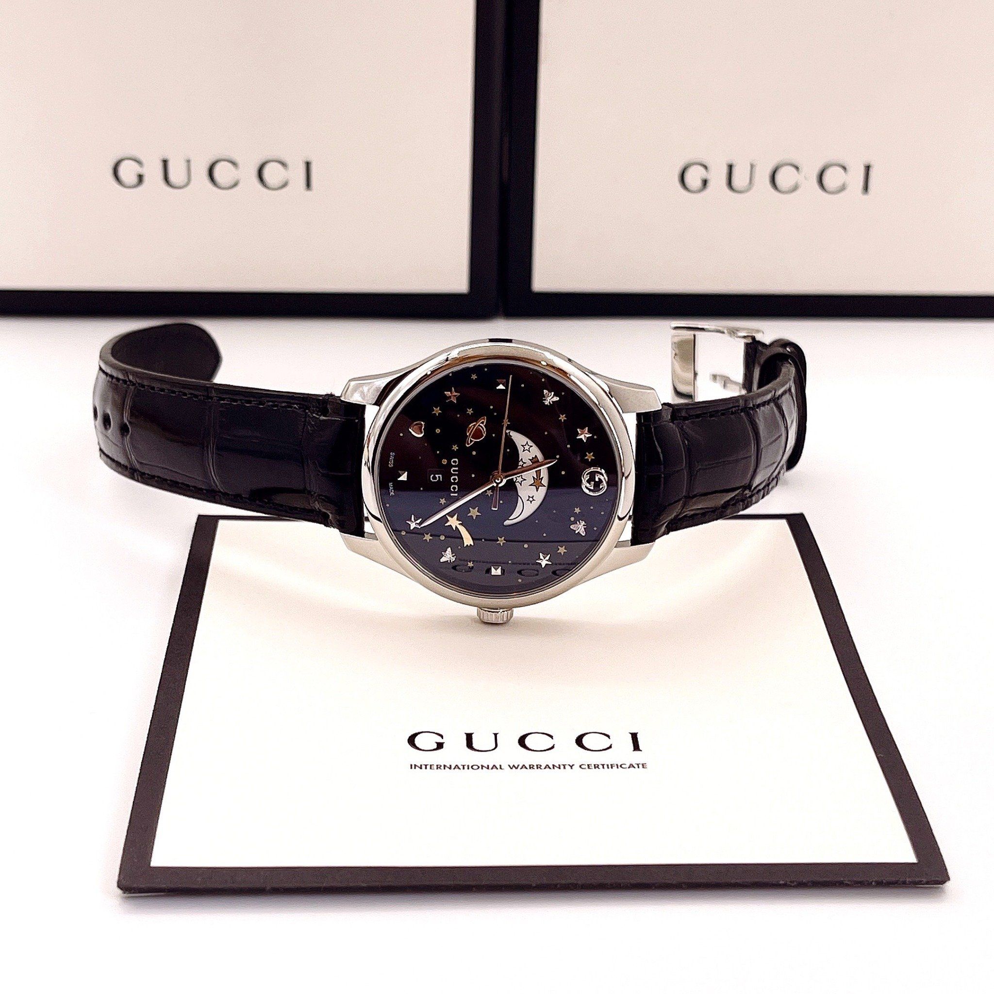 GUCCI G TIMELESS BLACK MOONPHASE WATCH.