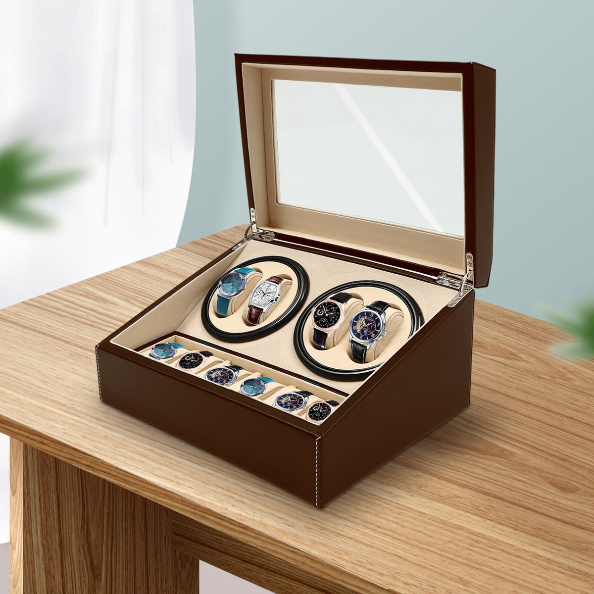 4+6 SLOTS BROWN LEATHER AUTOMATIC WATCH WINDER AND STORAGE DISPLAY BOX.