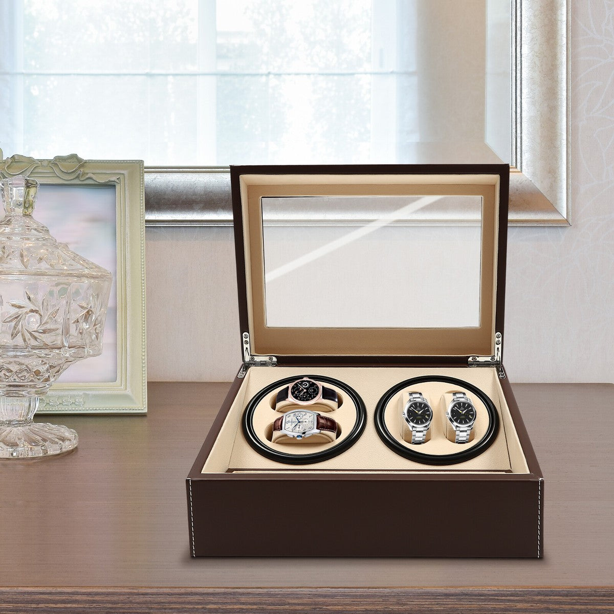 4+6 SLOTS BROWN LEATHER AUTOMATIC WATCH WINDER AND STORAGE DISPLAY BOX.
