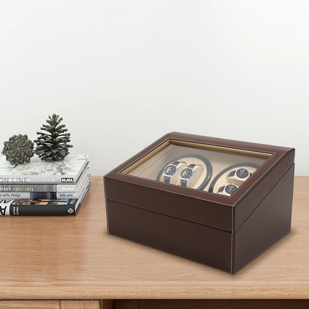 4+6 SLOTS BROWN LEATHER AUTOMATIC WATCH WINDER AND STORAGE DISPLAY BOX.