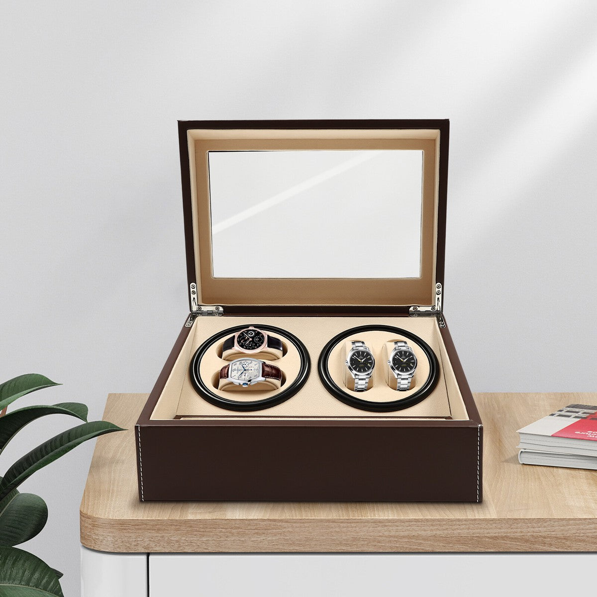 4+6 SLOTS BROWN LEATHER AUTOMATIC WATCH WINDER AND STORAGE DISPLAY BOX.