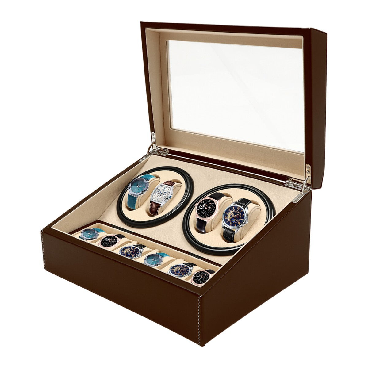 4+6 SLOTS BROWN LEATHER AUTOMATIC WATCH WINDER AND STORAGE DISPLAY BOX.