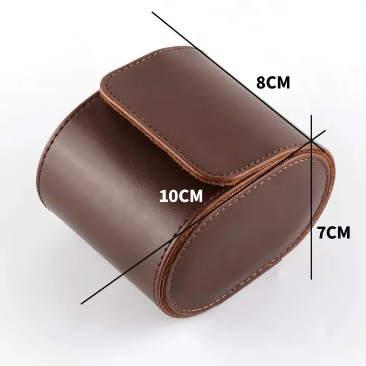 SINGLE SLOT BROWN LEATHER WATCH ROLL TRAVEL CASE.