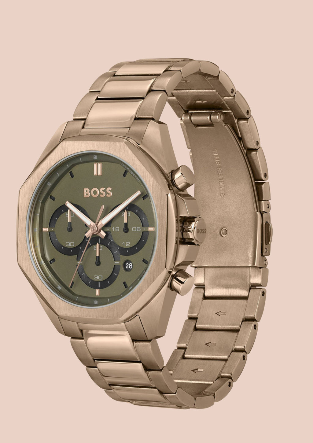 Hugo Boss Beige Gold Steel Olive Green Bracelet Watch